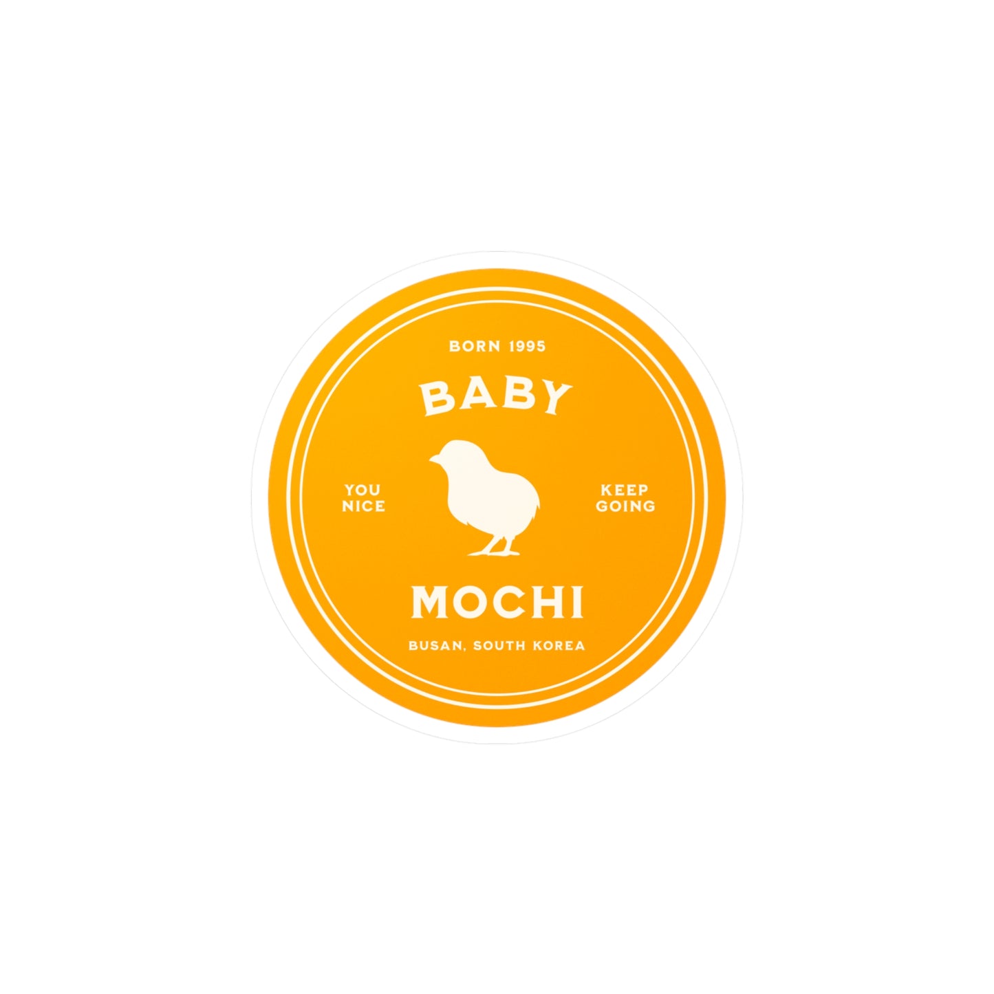 Orange circular logo with text and a chick illustration on a white background