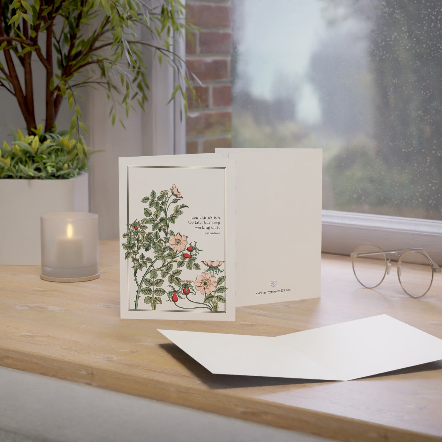 Fanmade BTS Greeting Card - Jung Kook Motivational Quote - Vintage Floral Artwork