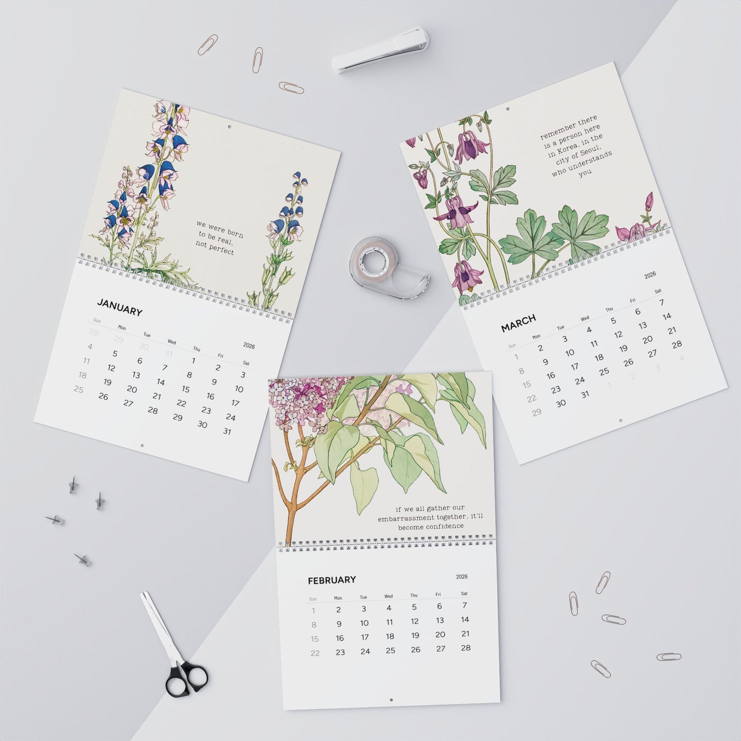 Fanmade BTS 2026 Wall Calendar - 'Bangtan in Bloom' Inspirational Quotes - Vintage Floral Artwork