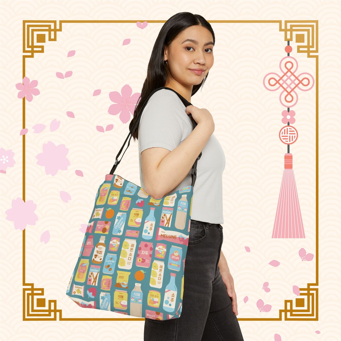 Sweet Pastel Korean Snacks Adjustable Tote Bag (AOP)