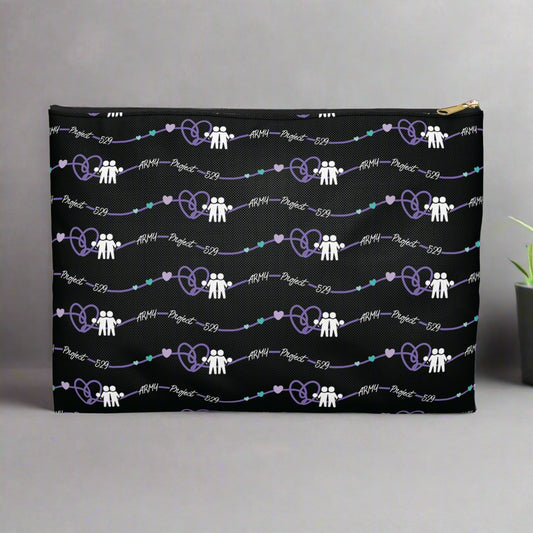Black pouch with white pattern of people and hearts on a white background