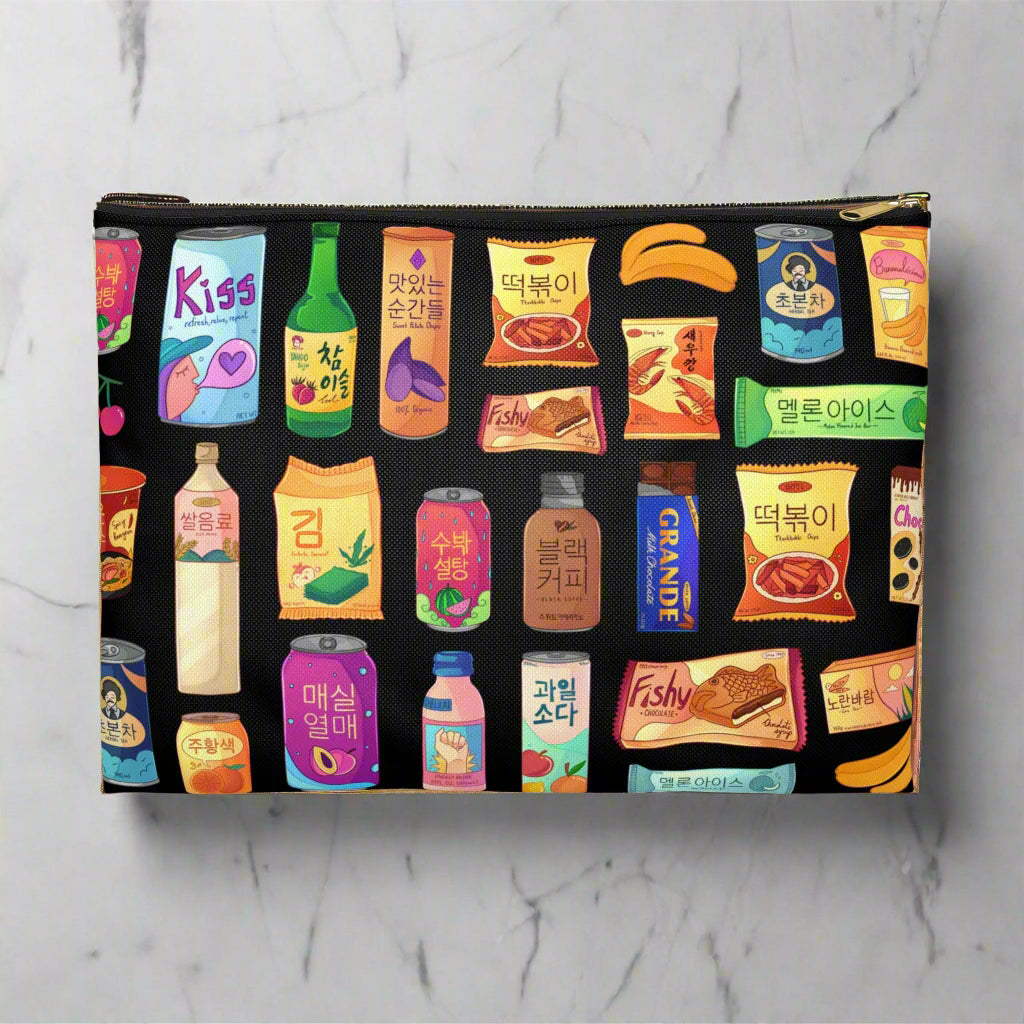 Pouch with colorful Korean snack illustrations on a black background