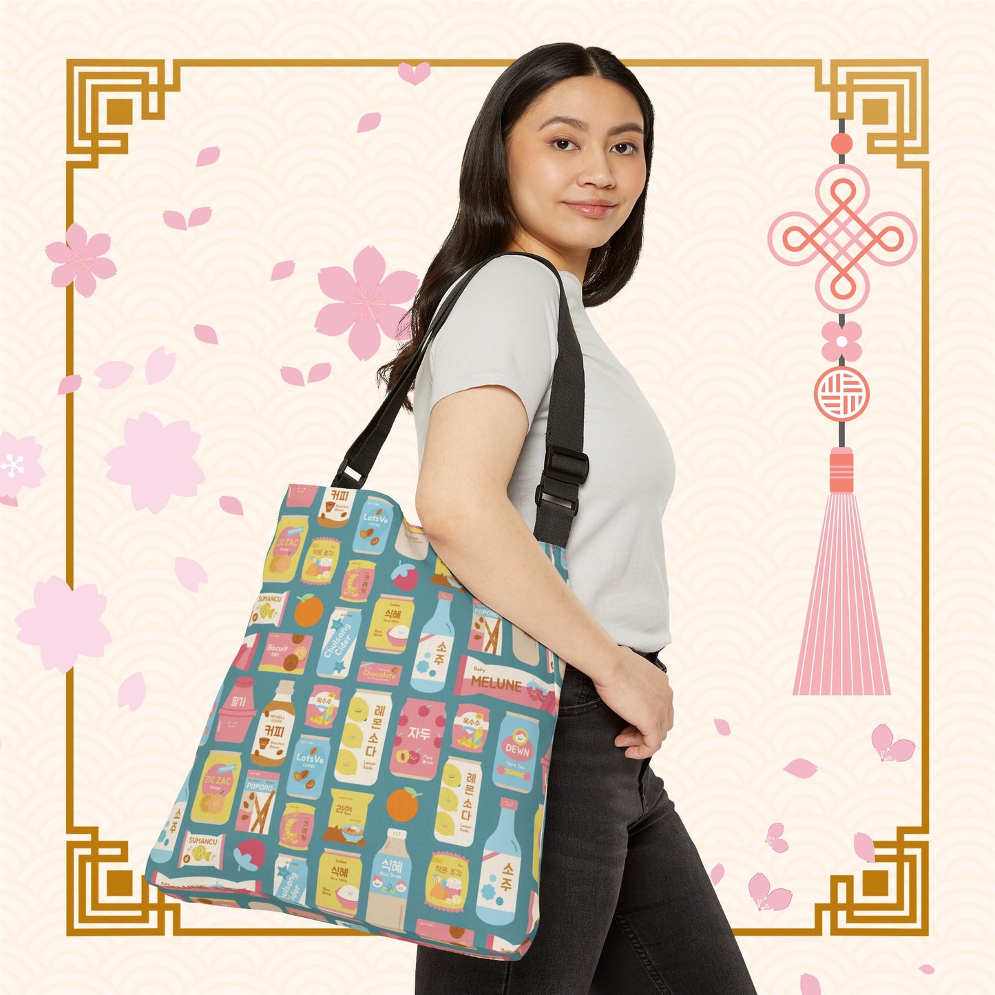 Sweet Pastel Korean Snacks Adjustable Tote Bag (AOP)