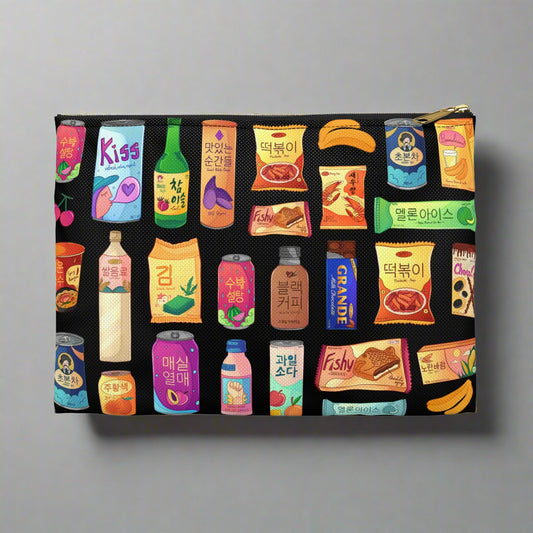 Pouch with colorful product illustrations on a black background