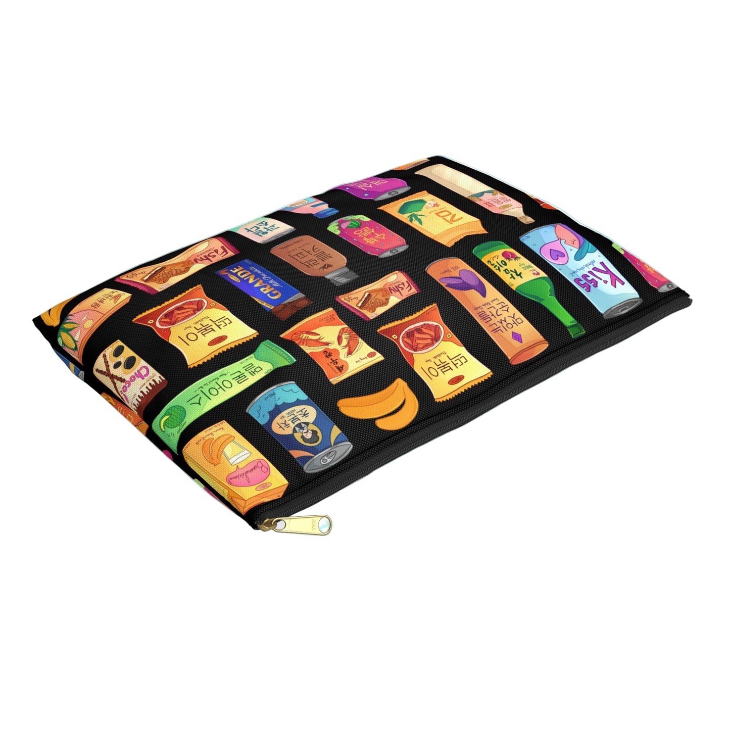 Pouch with colorful Korean snacks graphic design on a black background