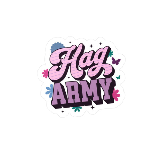 Sticker with 'Hag Army' text in pink and purple on a white background