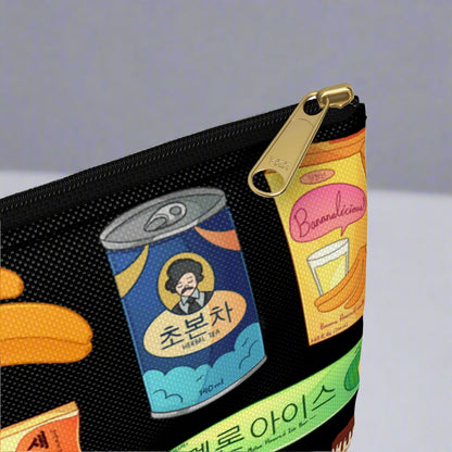 Pouch with colorful Korean snacks on a black background