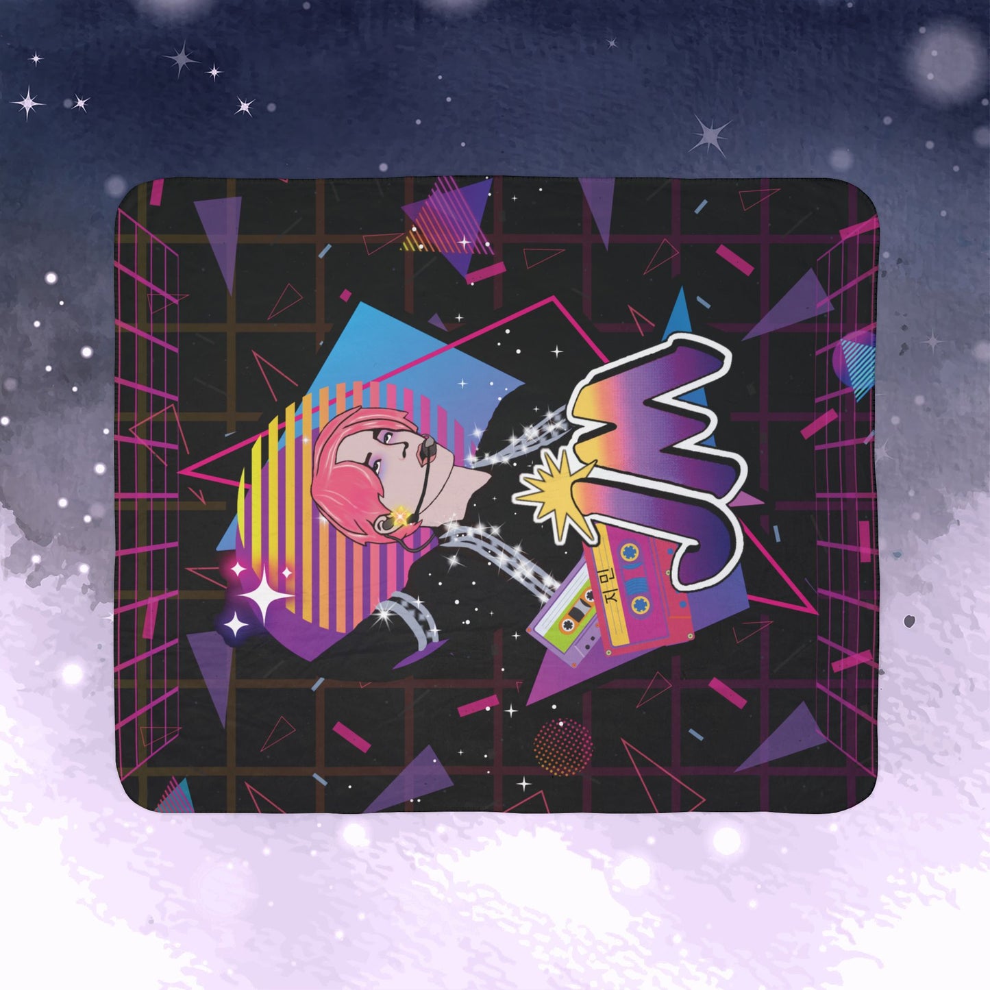Jimin Throw Blanket - Retro Series - 80s Neon Video Game Aesthetic - Cozy Fleece Sherpa Blanket