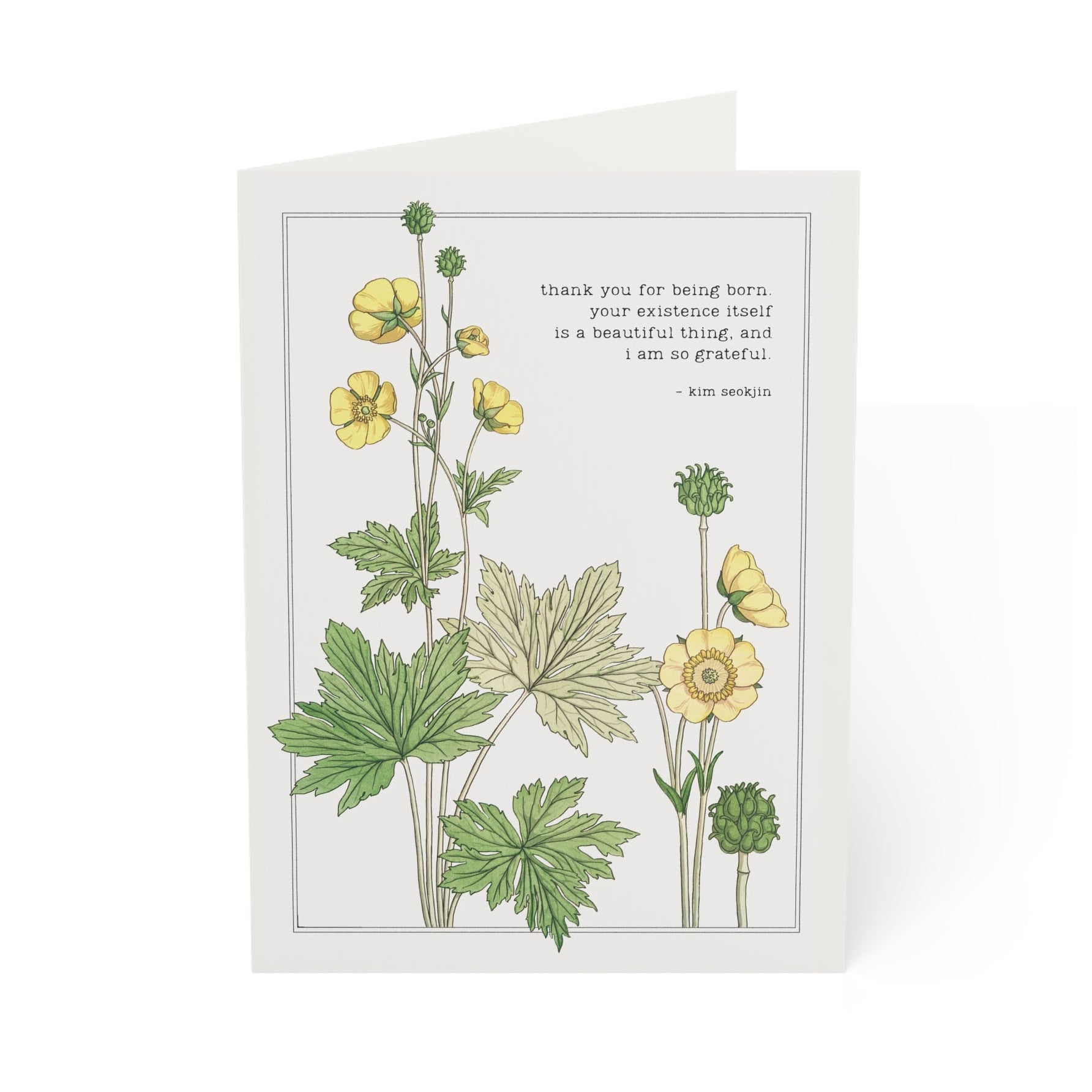 Greeting card with botanical illustration of yellow flowers and green leaves on a white background.