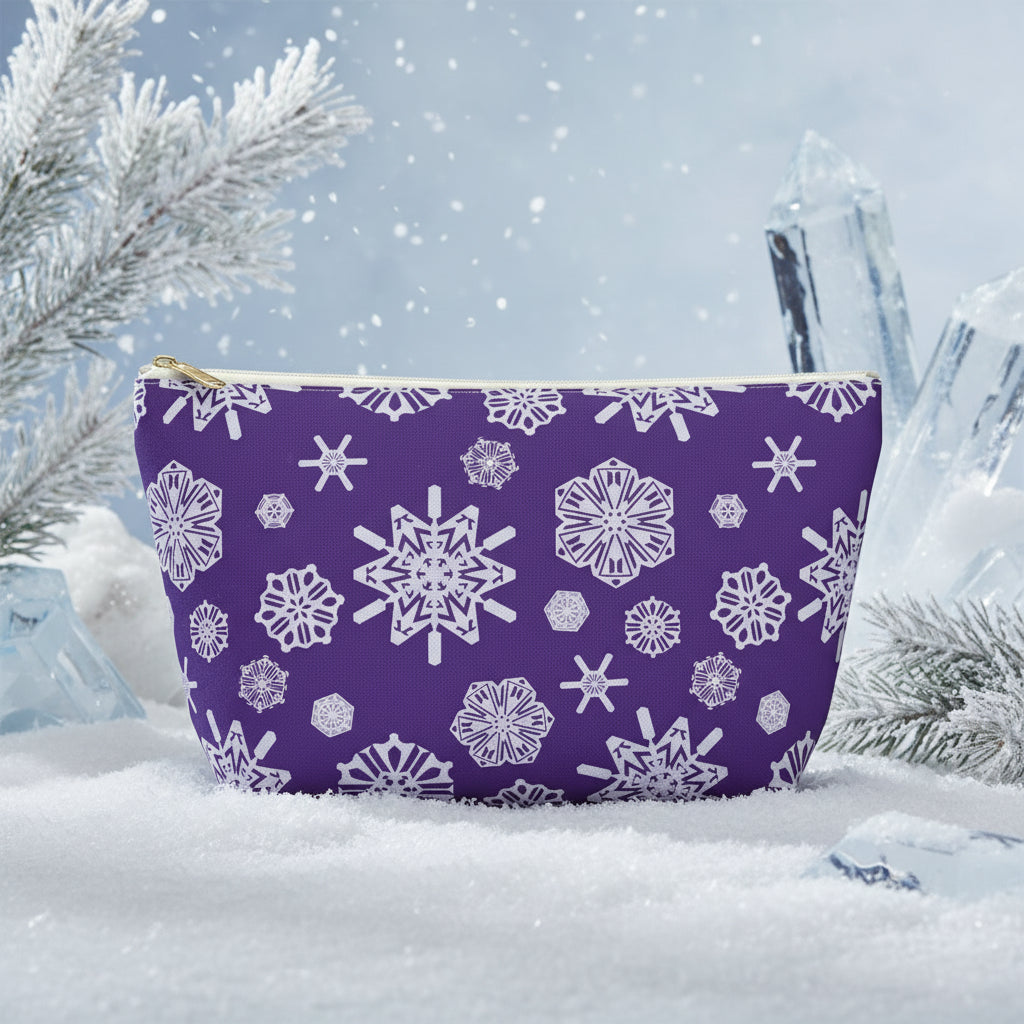 Purple pouch with white snowflake pattern on a white background