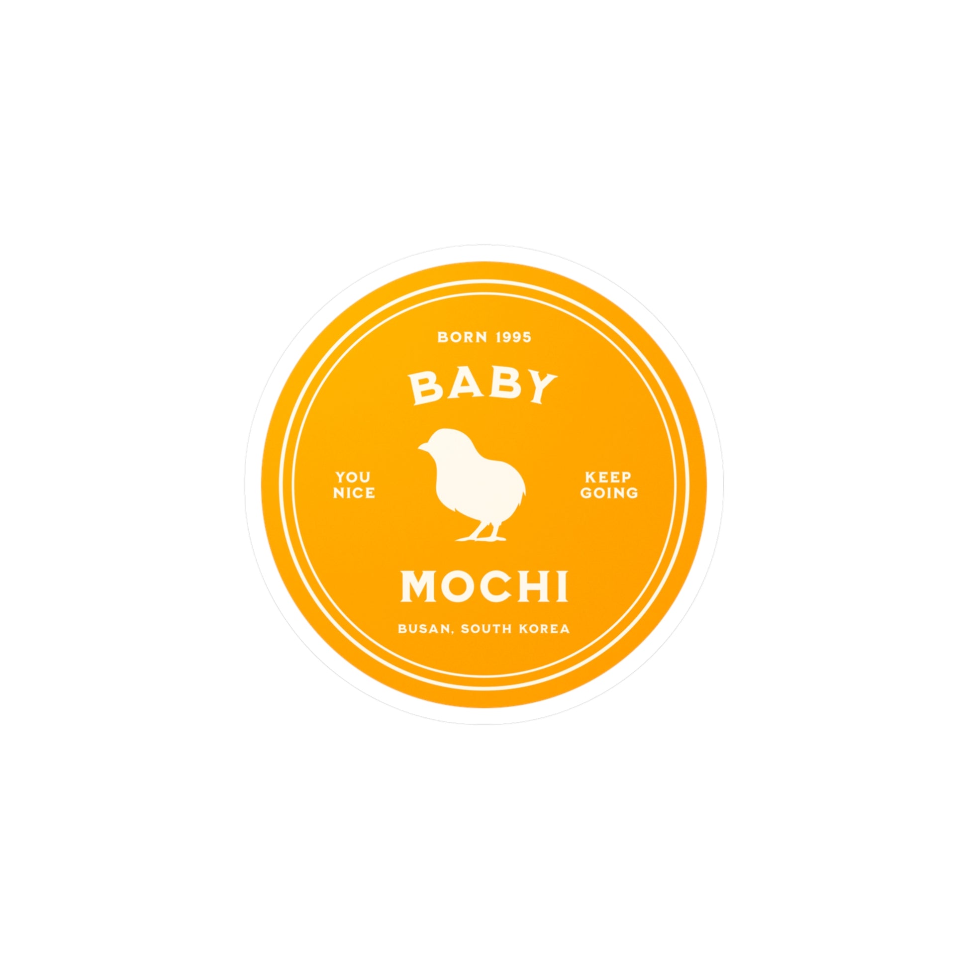 Orange circular logo with text and a chick illustration on a white background