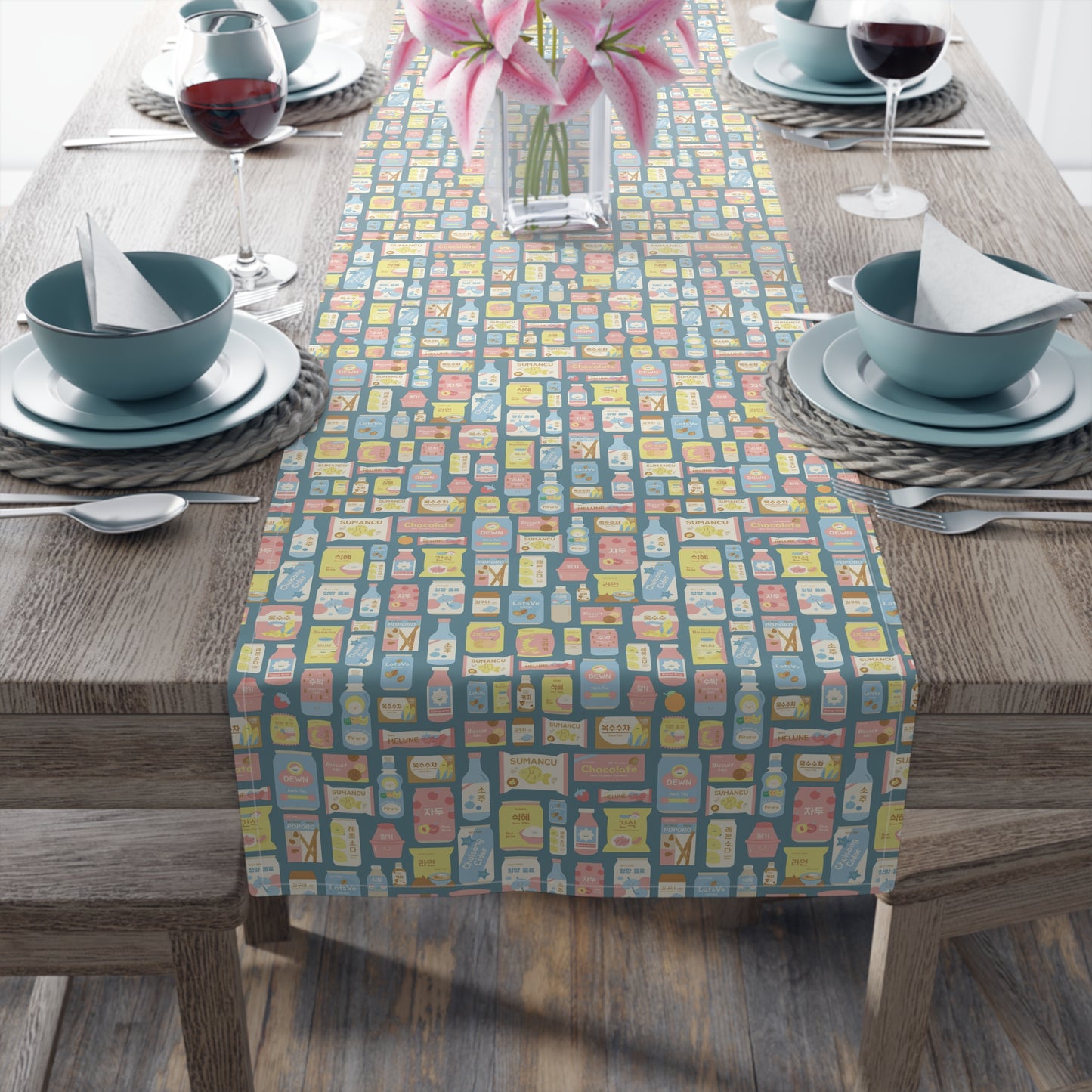 Sweet Pastel Korean Snack Table Runner - Cute K-Pop Home Decor - Cotton Twill or Polyester