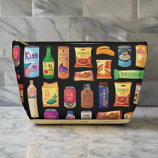 Pouch with colorful Korean snacks illustrations on a black background
