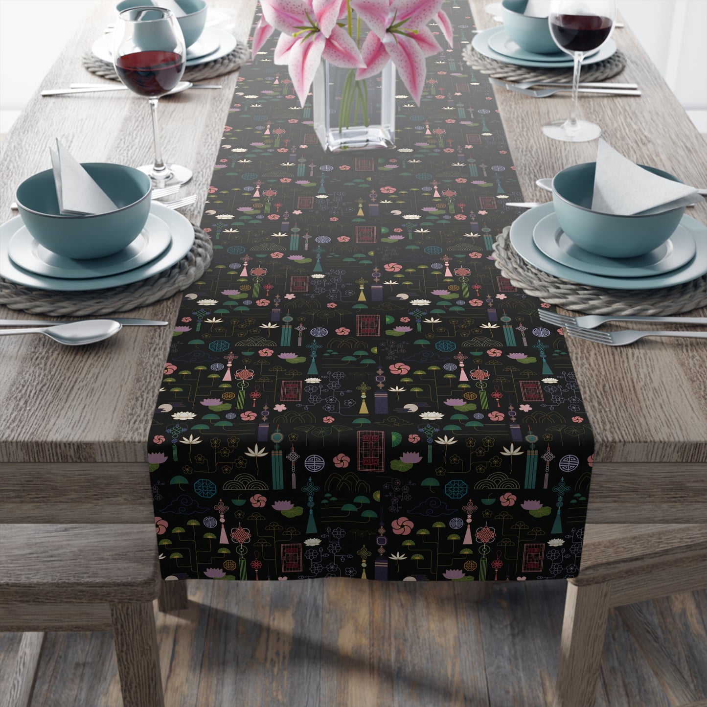 Norigae Night Garden Table Runner - Elegant K-Pop Home Decor - Cotton Twill or Polyester