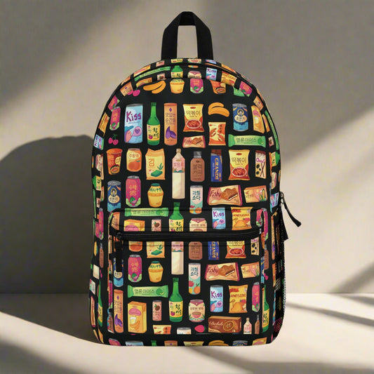Backpack with colorful Korean snacks product packaging pattern on a black background