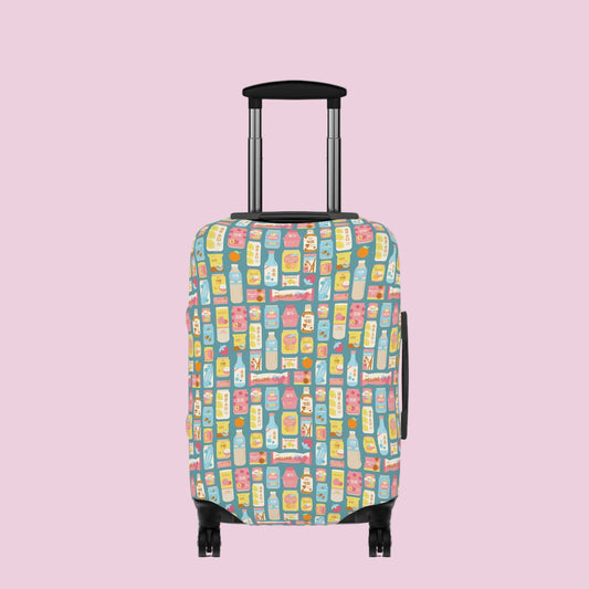 Colorful Korean snacks patterned suitcase on a pink background