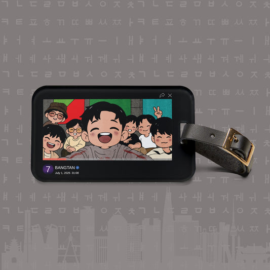 Luggage tag with cartoon characters on a gray background