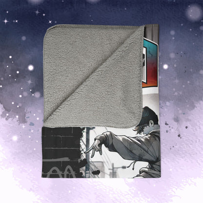 Hobi Throw Blanket - Retro Series - 90s Hip-Hop Street Art Aesthetic - Cozy Fleece Sherpa Blanket