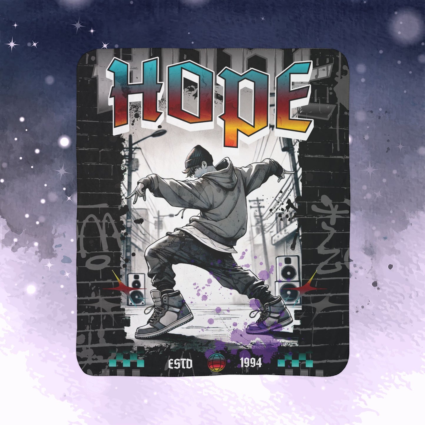 Hobi Throw Blanket - Retro Series - 90s Hip-Hop Street Art Aesthetic - Cozy Fleece Sherpa Blanket