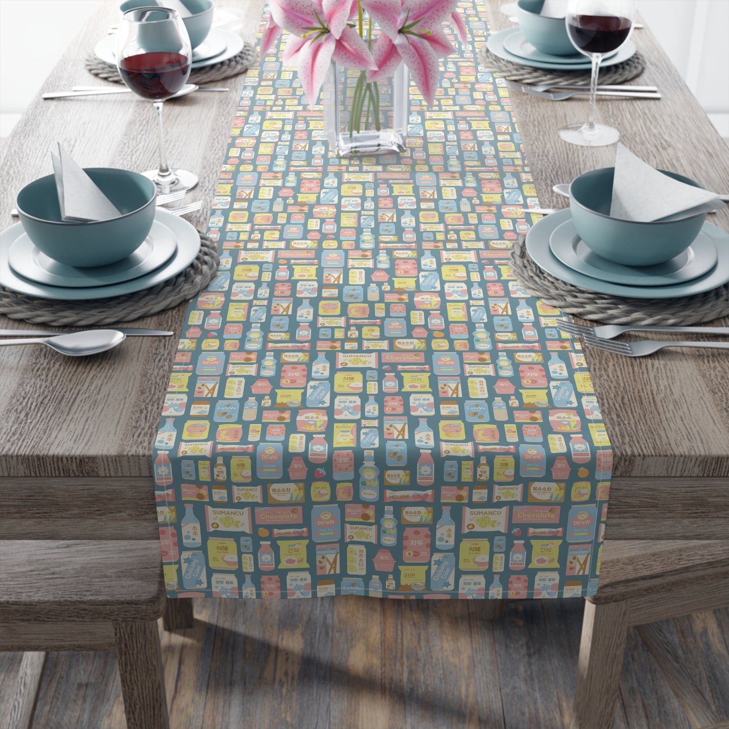 Sweet Pastel Korean Snack Table Runner - Cute K-Pop Home Decor - Cotton Twill or Polyester