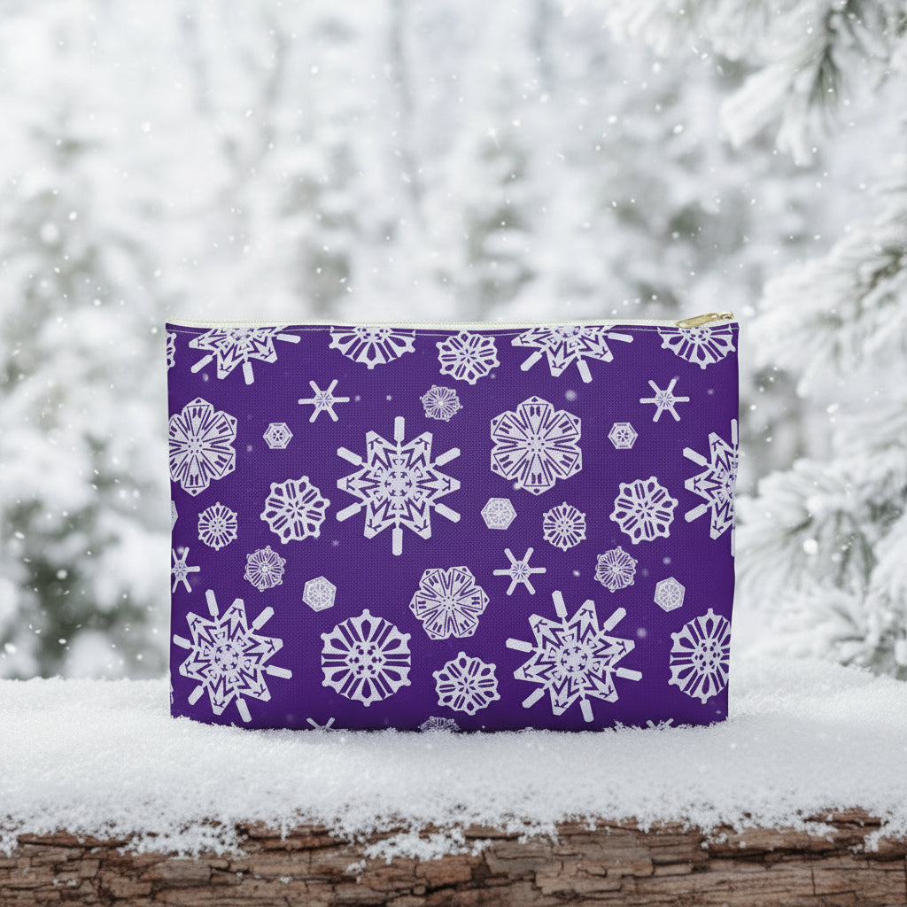 Purple pouch with white snowflake pattern on a white background