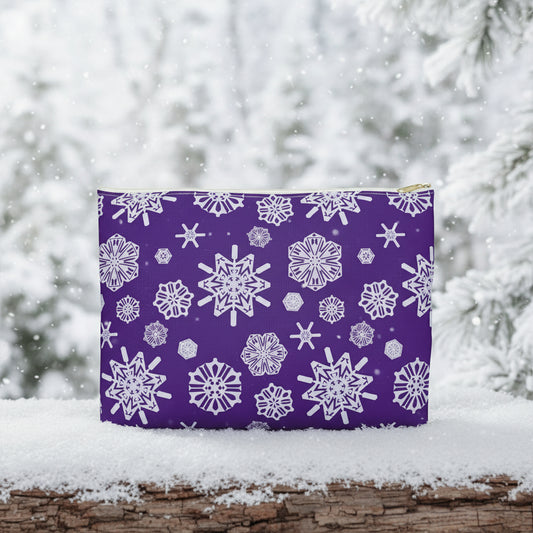 Purple pouch with white snowflake pattern on a white background