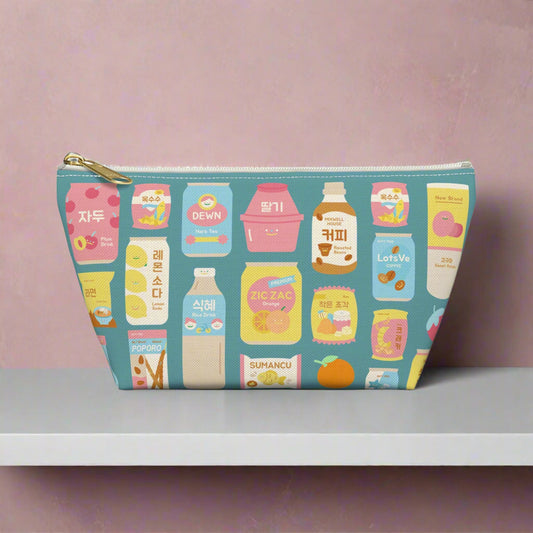 Pouch with colorful cute pastel Korean snacks design on a white background