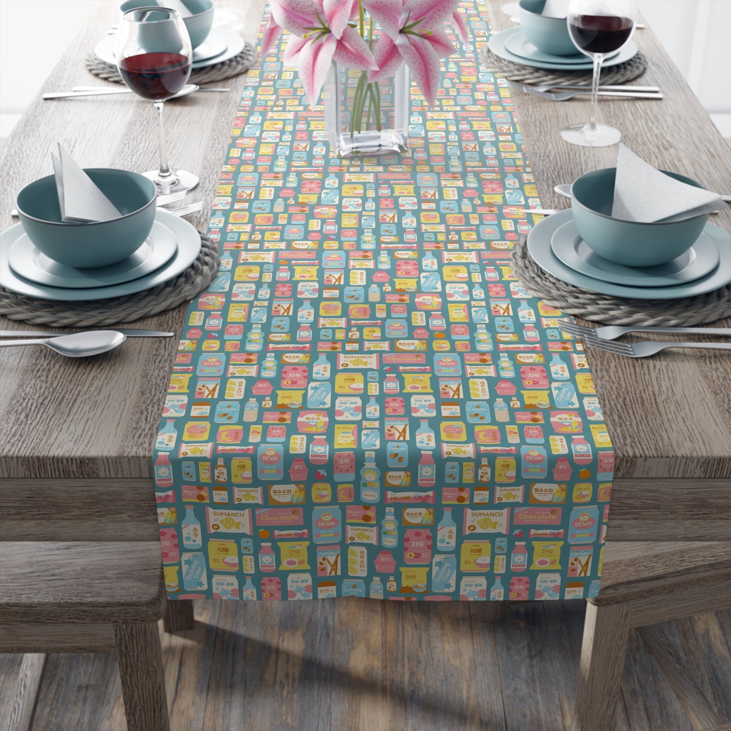Sweet Pastel Korean Snack Table Runner - Cute K-Pop Home Decor - Cotton Twill or Polyester