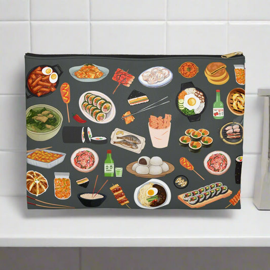 Pouch with illustrations of various Korean dishes on a dark background
