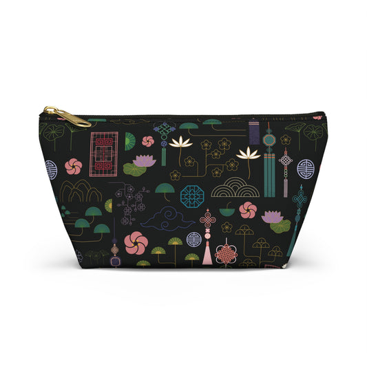 Norigae Night Garden Cosmetics Bag - Elegant K-Pop Toiletry Bag - Flat Bottom Zipper Pouch