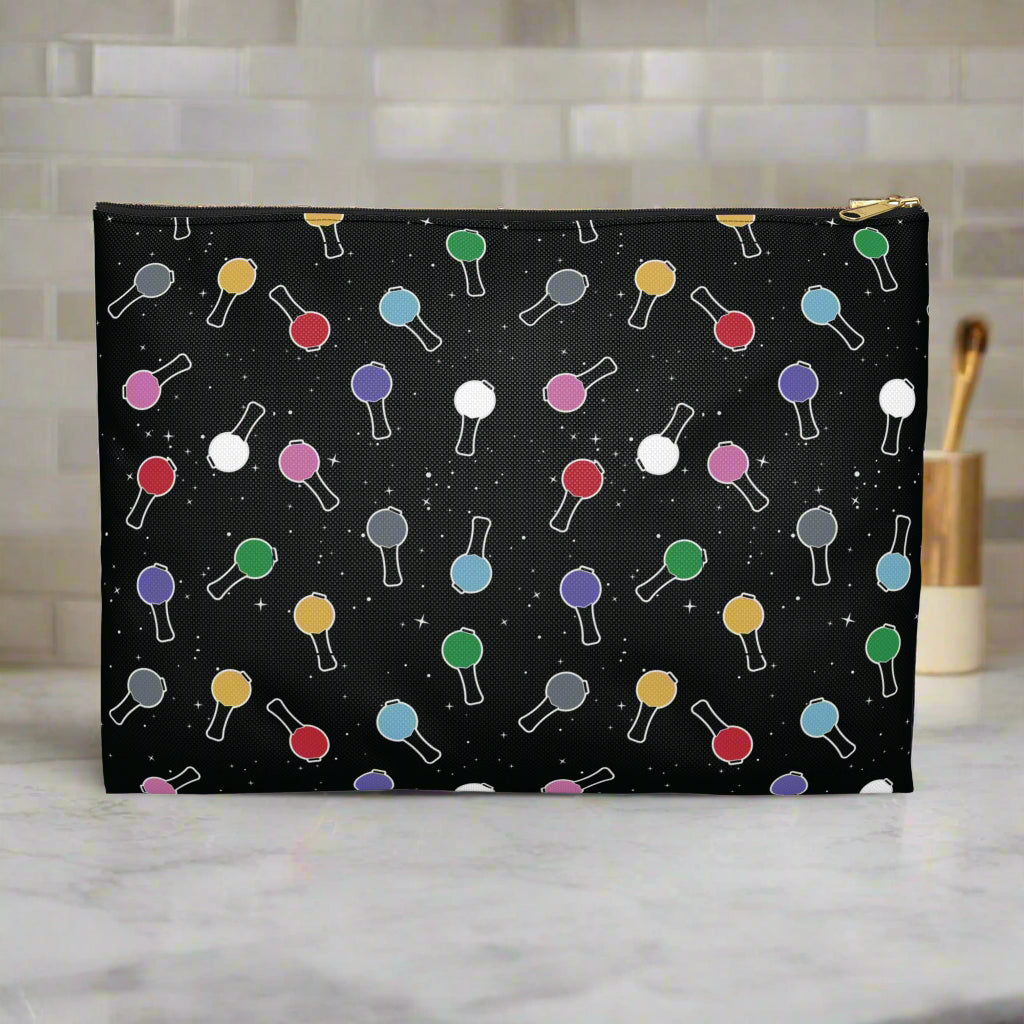 Black pouch with colorful pattern on a white background