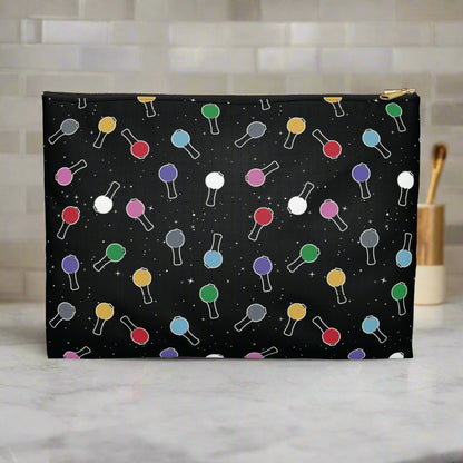 Black pouch with colorful pattern on a white background