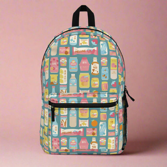 Backpack with colorful label pattern on a white background