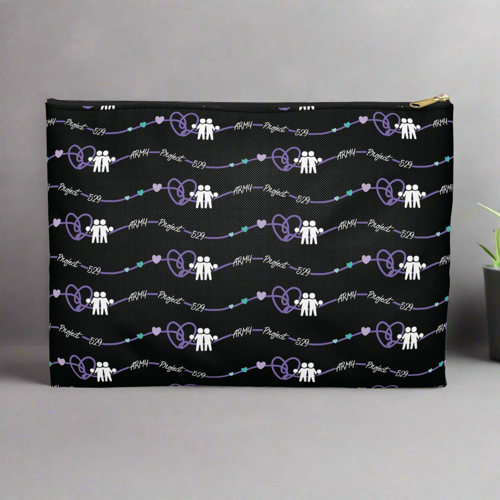 Black pouch with white pattern of people and hearts on a white background