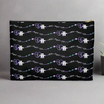 Black pouch with white pattern of people and hearts on a white background