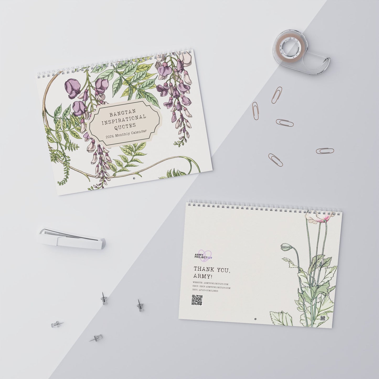 Fanmade BTS 2026 Wall Calendar - 'Bangtan in Bloom' Inspirational Quotes - Vintage Floral Artwork