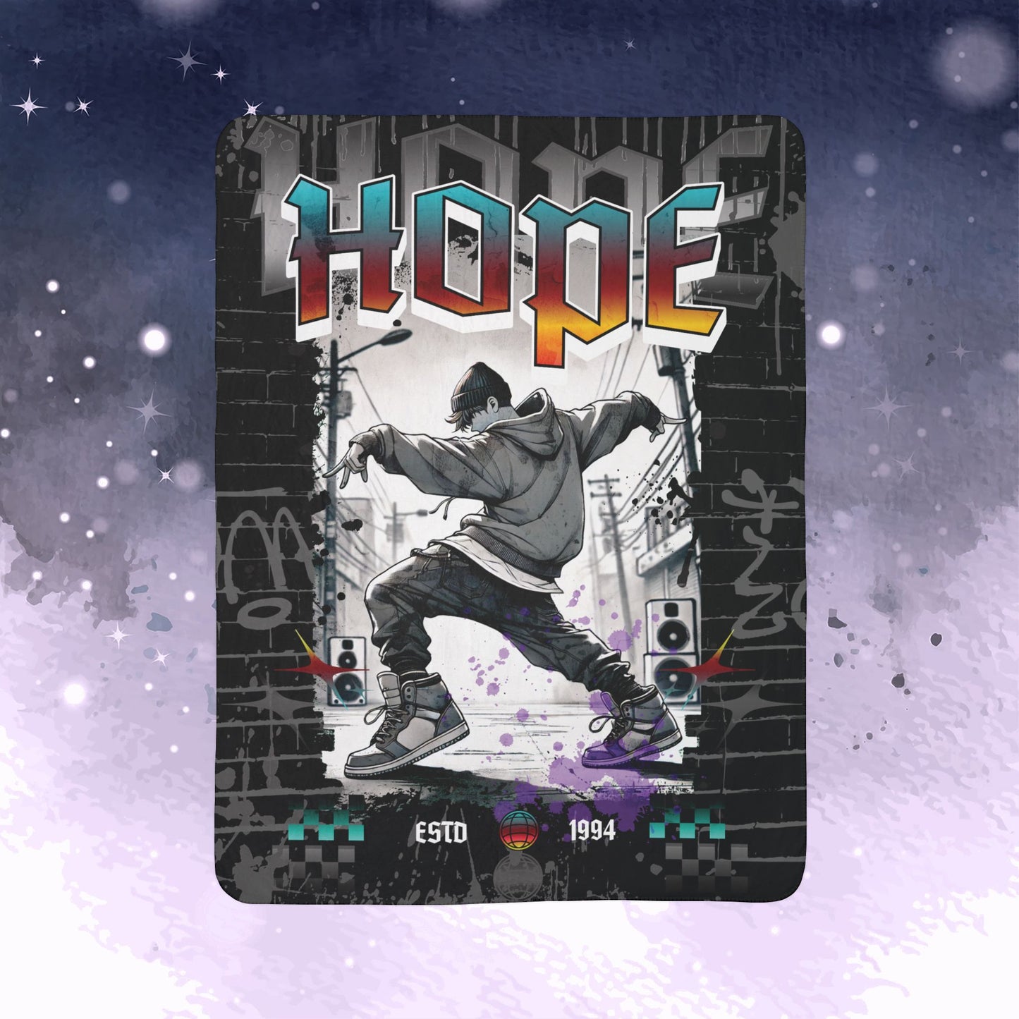 Hobi Throw Blanket - Retro Series - 90s Hip-Hop Street Art Aesthetic - Cozy Fleece Sherpa Blanket