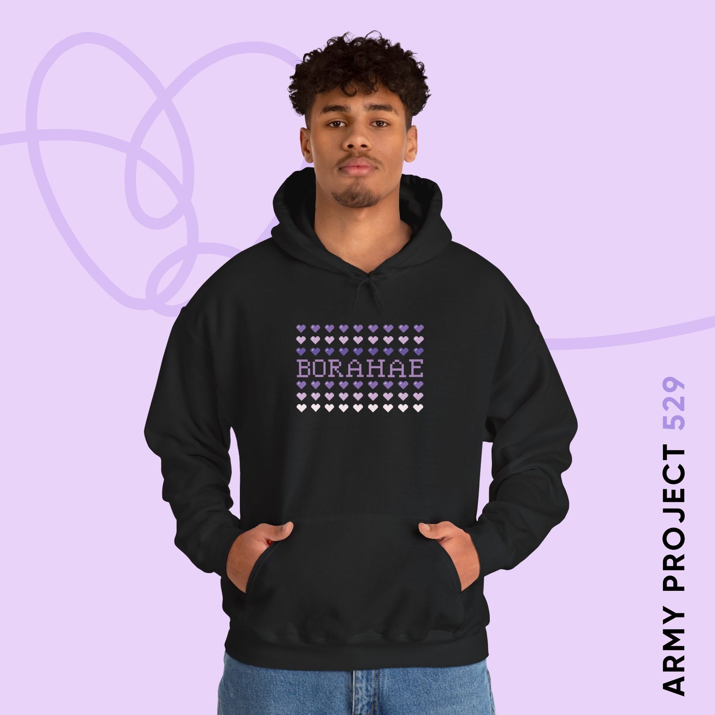 OT7 Hoodie - 8-Bit Borahae - Retro Fanmade BTS Merch - Cozy Unisex Sweatshirt