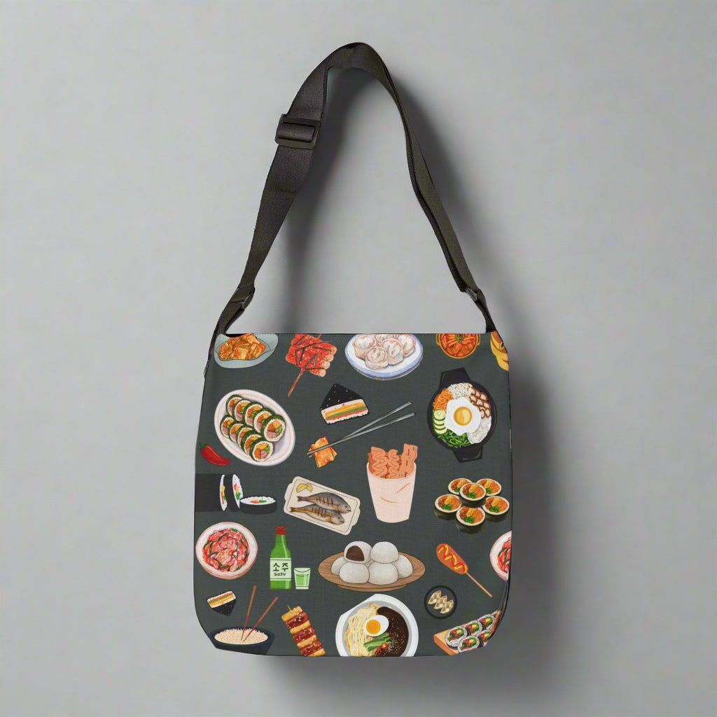 Crossbody bag with food illustrations on a gray background