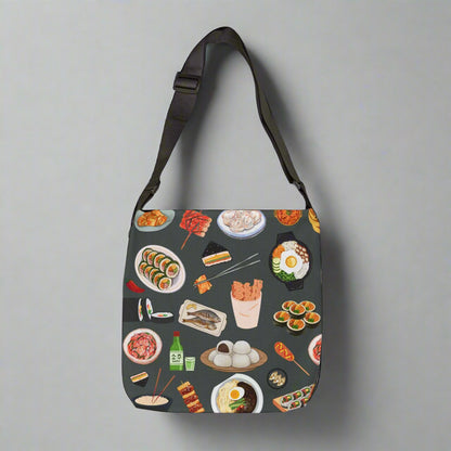 Crossbody bag with food illustrations on a gray background
