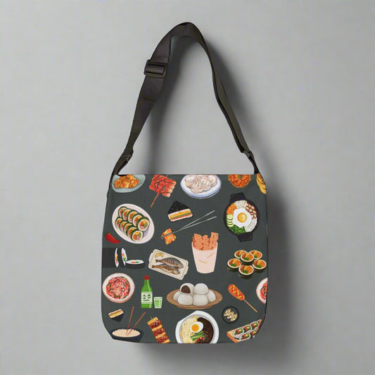Crossbody bag with food illustrations on a gray background