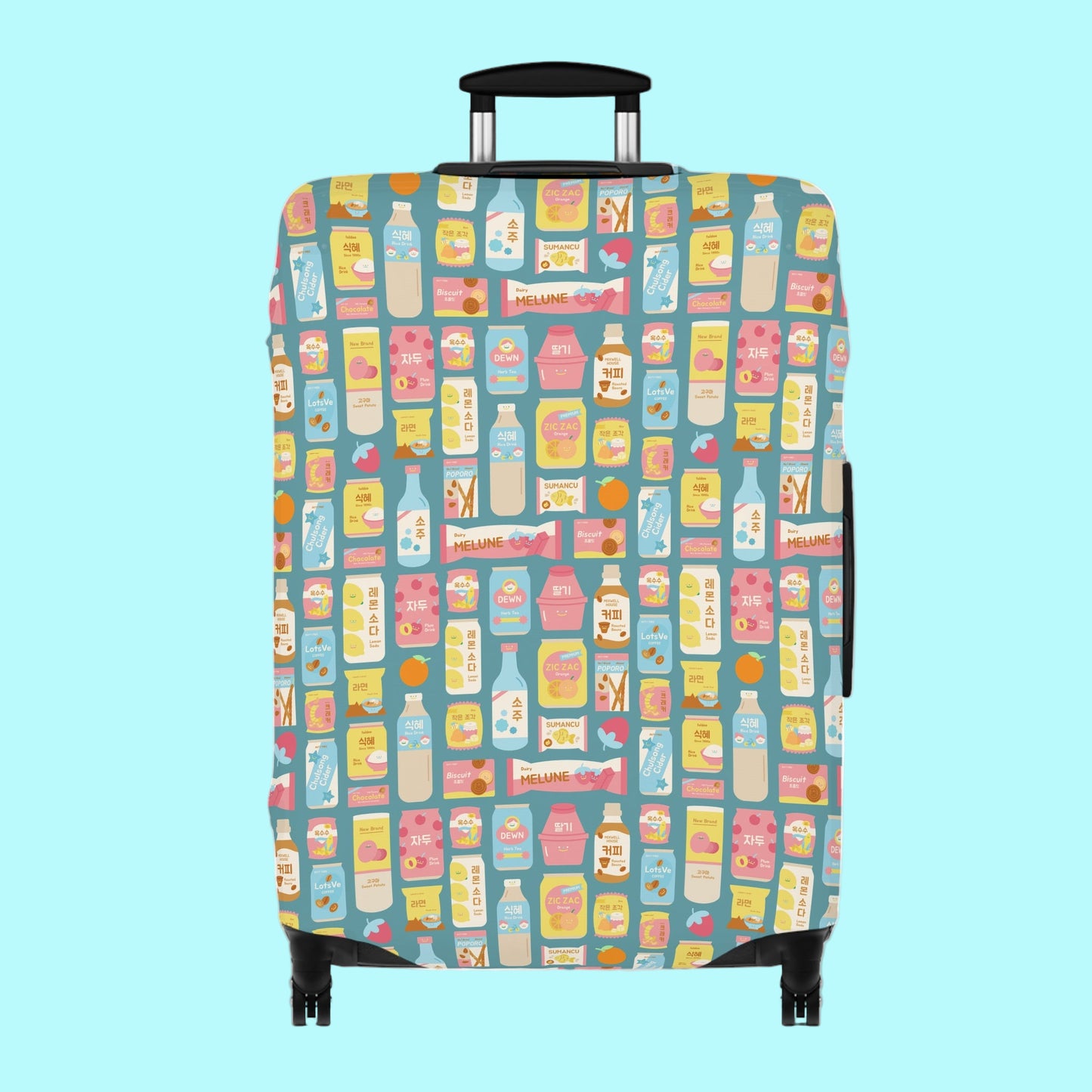 Suitcase with a colorful pattern of bottles on a blue background