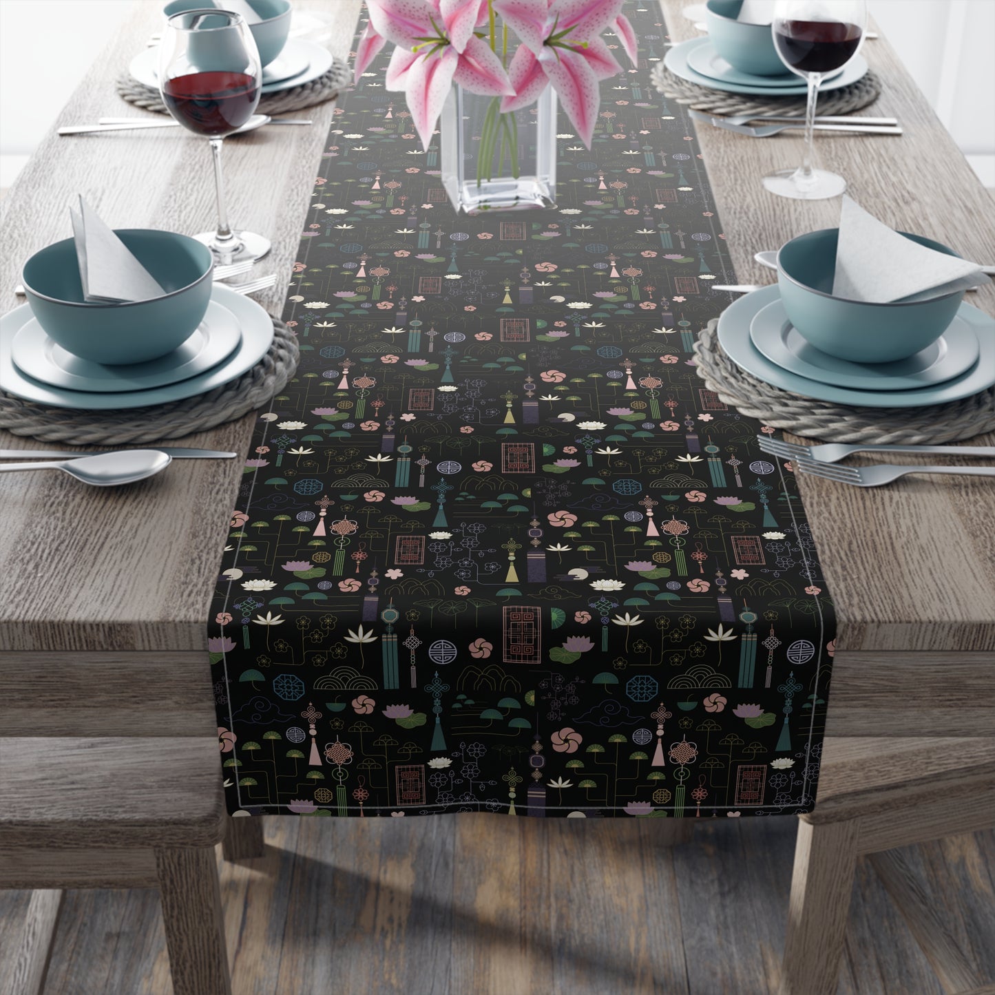 Norigae Night Garden Table Runner - Elegant K-Pop Home Decor - Cotton Twill or Polyester
