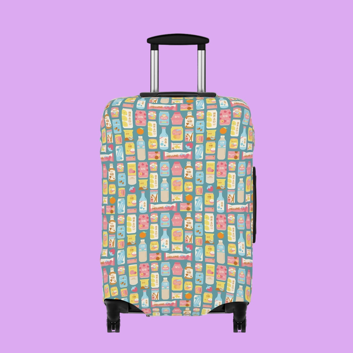 Colorful suitcase with a Korean snacks pattern on a pink background