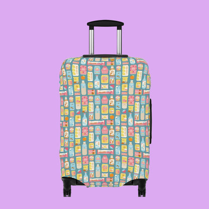 Colorful suitcase with a Korean snacks pattern on a pink background