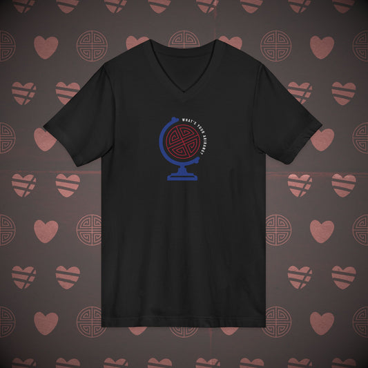 OT7 V-Neck Shirt - What's Your Arirang? Globe and Cities - Unisex Jersey T-Shirt